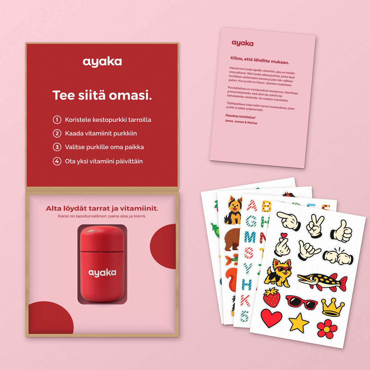 Ayakan aloituspakkaus avattuna: purkki, ohjekortti, kiitoskortti ja tarra-arkit