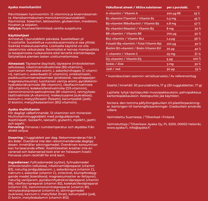 Ayaka monivitamiinin tuoteseloste ja ravintoaineet / Ayaka multivitamin produktinformation